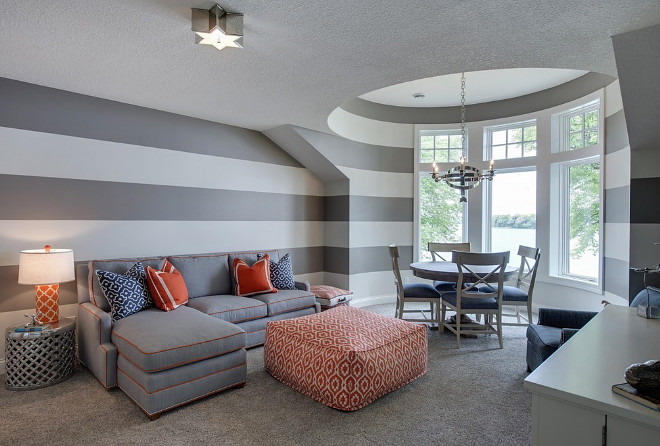 Striped Walls. Bonus room with Striped Walls. Striped Walls paint. Striped Walls paint color. Neutral Striped Walls. #StripedWalls #StripedWallspaint #StripedWallpaintcolor #neutralstripedwalls Grace Hill Design. Gordon James Construction.