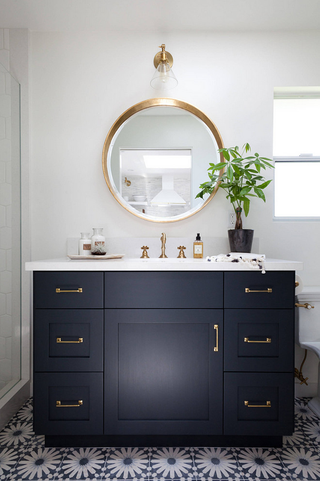 Encaustic Floor Tiles. Bathroom Encaustic Floor Tiles. Navy bathroom cabinet with brass hardware and Encaustic Floor Tiles. #Bathroom #EncausticFloorTiles #BathroomEncausticFloorTiles Holst Brothers General Contractors. Kirsten Marie Inc, KMI