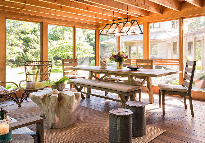 Rustic Screened in porch. Rustic Screened in porch with large dining table. Rustic Screened in porch flooring. Rustic Screened in porch ceiling. Rustic Screened in porches. #RusticScreenedinporch #Screenedinporch #Screenedinporches #Screenedinporchideas 