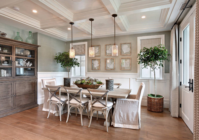 Coastal Dining Room. Coastal Dining Room with coffered ceiling. Coastal Dining Room art. Coastal Dining Room furniture. Coastal Dining Room flooring. Coastal Dining Room lighting. Coastal Dining Room color palette. Coastal Dining Room #CoastalDiningRoom DiningRoom Brandon Architects, Inc.