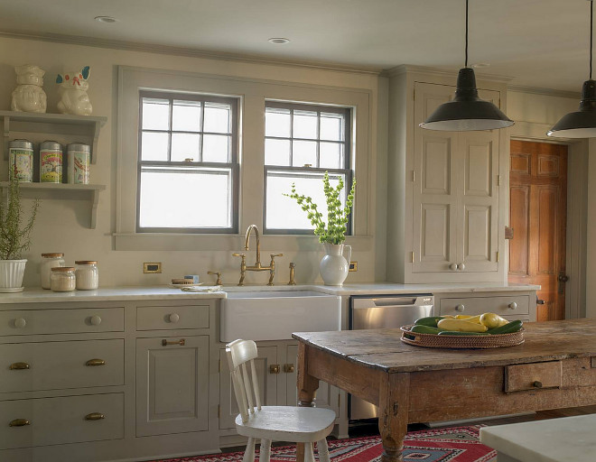 Gray farmhouse kitchen. Gray farmhouse kitchen. Gray farmhouse kitchen paint color. Gray farmhouse kitchen paint color is Farrow and Ball Hardwick White. #Grayfarmhousekitchen #FarrowandBallHardwickWhite #graykitchen #paintcolor #farmhousekitchenpaintcolor Rafe Churchill Traditional Houses