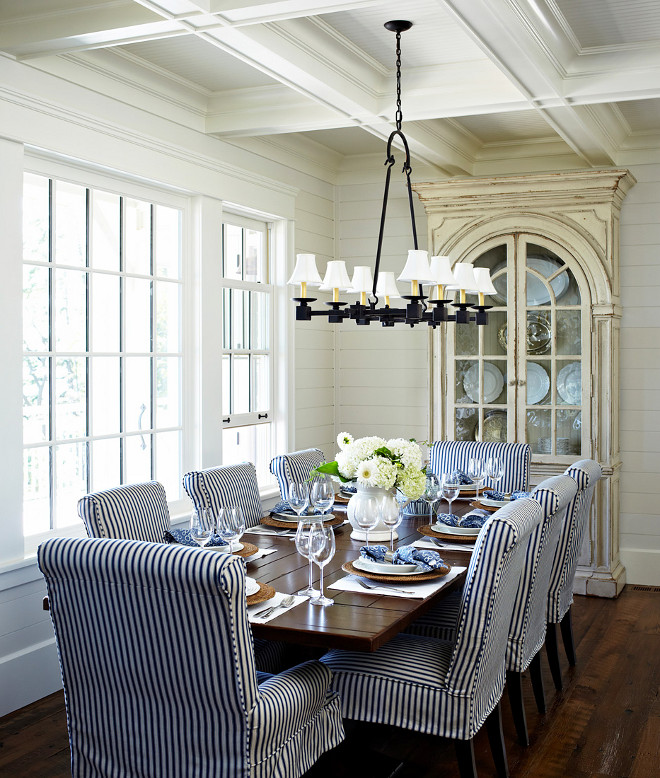 Dining Room. Dining Room. Dining Room Design. Dining Room. Dining Room. Coastal dining room with shiplap walls and coffered ceiling. #DiningRoom #DiningRoomDesign Muskoka Living