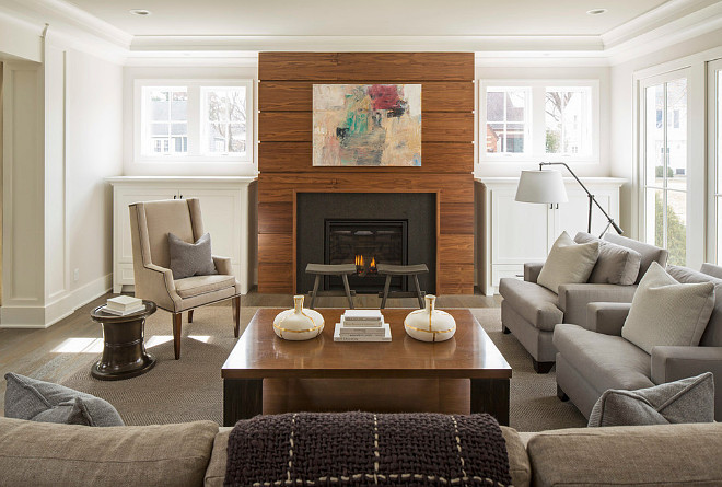 Shiplap Fireplace. Walnut shiplap. Walnut shiplap fireplace. The fireplace wood is a custom stained walnut done in shiplap. #Shiplap #fireplace #walnut #Walnutshiplap #fireplaceshiplap . Martha O'Hara Interiors