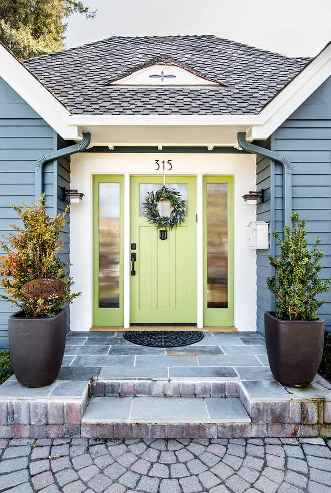 The green door paint color is Benjamin Moore Dill Pickle. The siding is similar Benjamin Moore Newburg Green. #BenjaminMooreNewburgGreen #BenjaminMooreDillPickle Studio3 Design, Inc.