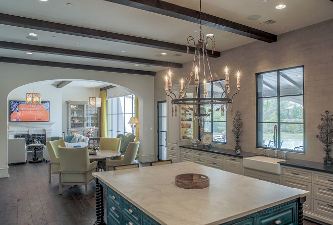 French Kitchen with distressed blue island. French Kitchen with distressed blue island and French chandelier. French Kitchen with distressed blue island ideas. #French Kitchen distressed blue island. #FrenchKitchen #Distressedblueisland #Distressedisland Platinum Series by Mark Molthan