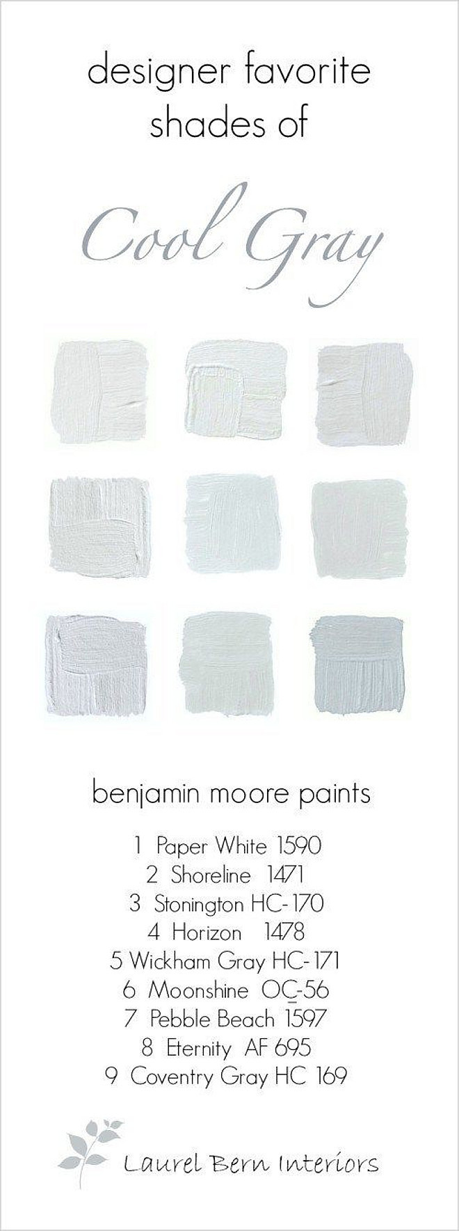 Cool gray paint colors. Benjamin Moore Gray Paint Colors. Benjamin Moore Paper White. Benjamin Moore Shoreline. Benjamin Moore Stonington. Benjamin Moore Horizon. Benjamin Moore Wickham Gray. Benjamin Moore Moonshine. Benjamin Moore Pebble Beach. Benjamin Moore Eternity. Benjamin Moore Coventry Gray #BenjaminMoorePaperWhite #BenjaminMooreShoreline #BenjaminMooreStonington #BenjaminMooreHorizon #BenjaminMooreWickhamGray #BenjaminMooreMoonshine #BenjaminMoorePebbleBeach #BenjaminMooreEternity #BenjaminMooreConventryGray #BenjaminMooreGrayPaints #BenjaminMooreGrayPaintcolors Via Laurel Bern Interiors.