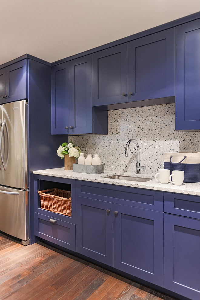 Basement Kitchen with navy cabinets and quartz countertop and backsplash. Martha's Vineyard Interior Design