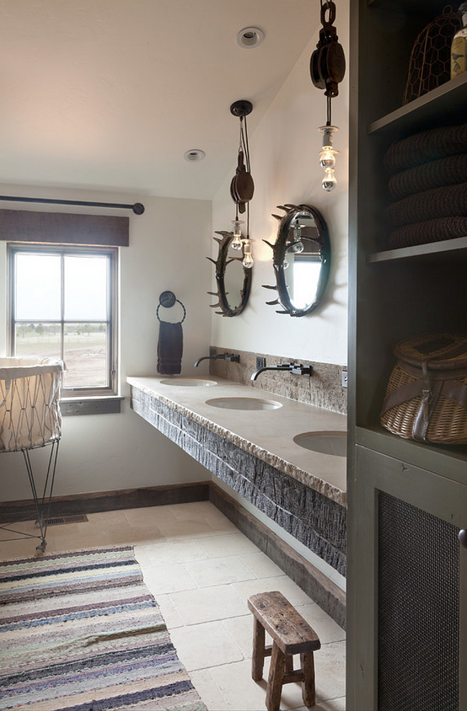 Floating Vanity. Floating Bathroom Vanity. Rustic bathroom with floating vanity made of reclaimed wood and travertine. #Floatingvanity #rusticbathroom #bathroom #Vanity Dragonfly Designs