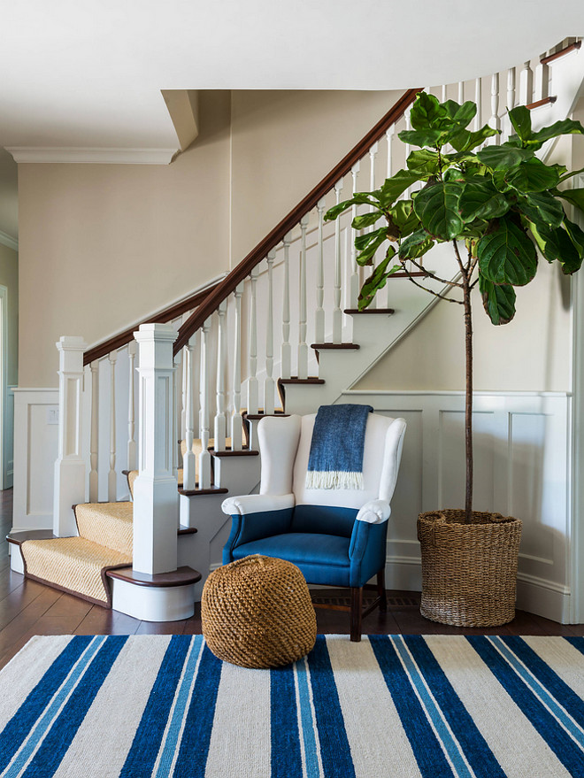 Foyer. Classically #coastal in #shinglestyle #architecture #stripes and color blocks #foyer #entrance #nautical #interiordesign Kate Jackson Design