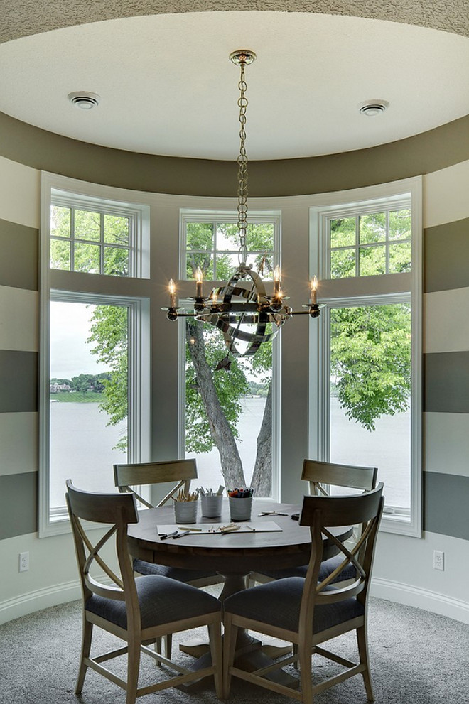 Games Room. Transitional Games Room with polished nickel chandelier and white and gray striped walls. #GamesRoom Grace Hill Design. Gordon James Construction.