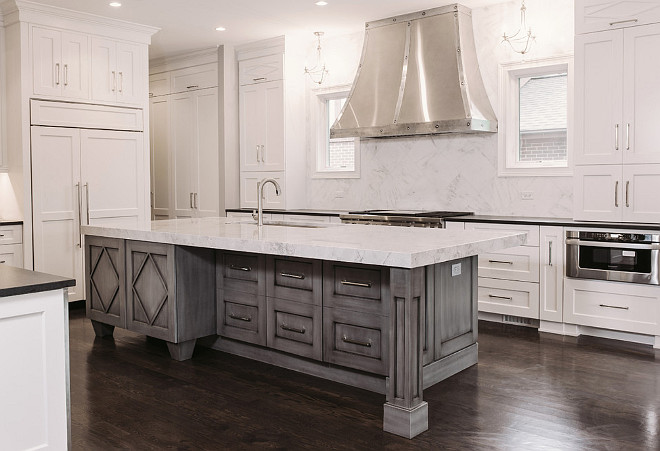 Kitchen island with gray wash. Gray wash kitchen island. Gray wash kitchen island. White kitchen with Gray wash island. #Graywashkitchenisland #Graywash #kitchenisland Summit Signature Homes, Inc