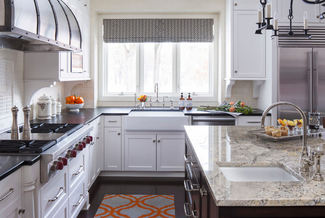 Kitchen perimeter countertop and island countertop. Kitchen island countertop is Crema Persa Granite. #CremaPersaGranite Martha O'Hara Interiors