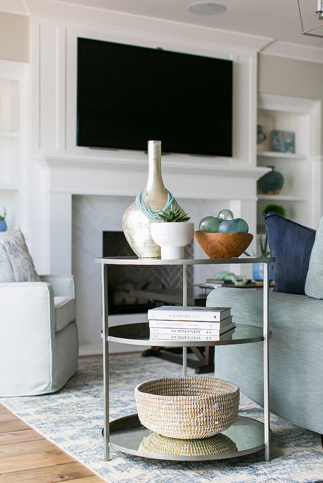 Living room side table ideas. Arteriors Home Percy Side Table side table. Round 3-tier iron accent table with zinc finish frame and antiqued mirror surfaces. Brooke Wagner Design