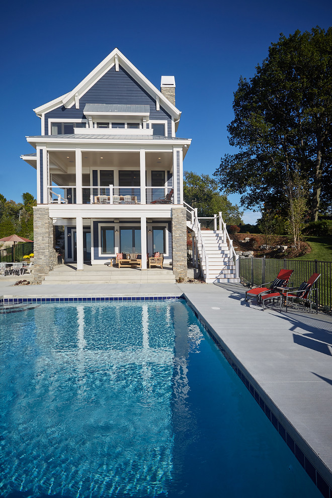 Pool Backyard Ideas. Navy exterior paint color is Benjamin Moore Hale Navy. Mike Schaap Builders.