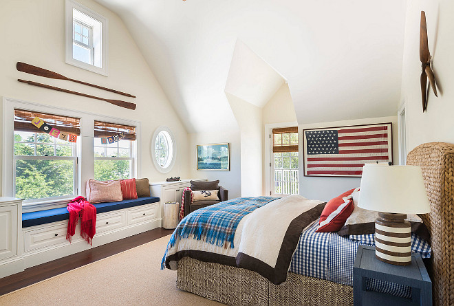 Vintage American Flag Decor. Bedroom features a framed vintage American flag. #AmericanFlagDecor #FramedAmericanFlag #VintageAmericanFlag Kate Jackson Design