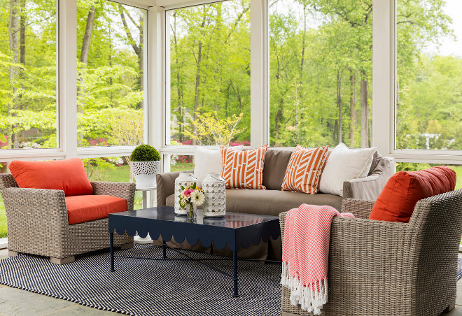 Screened-in porch furniture and decor. Screened-in porch furniture and decor ideas. Screened-in porch furniture and decor color palette. Beautiful Screened-in porch furniture and decor. #Screenedinporch #Screenedin #porch #porchfurniture #porchdecor Martha O'Hara Interiors