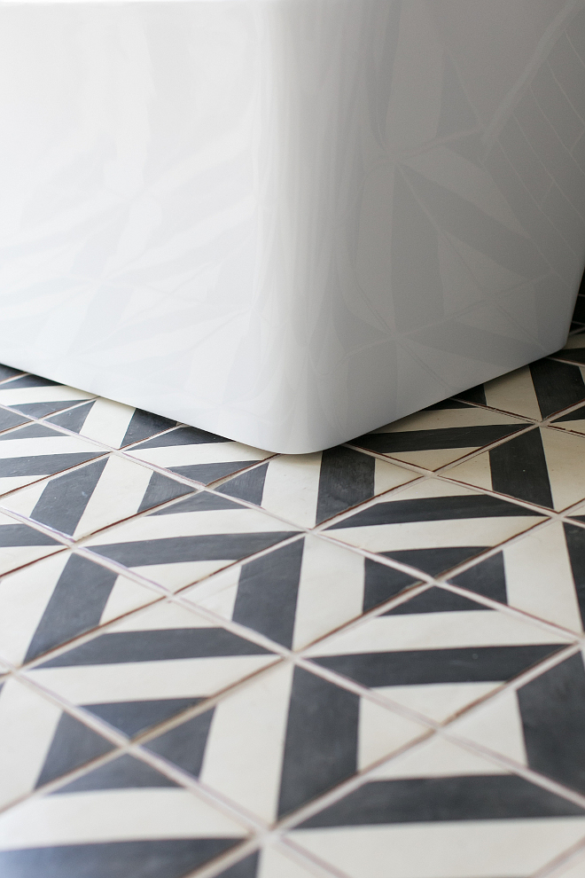 Bathroom cement tile ideas. Tabarka Studio's Mediterranean 9” Oxford on off white 7-5/8x7/8 (installed over a floor heating system). #cementtile #bathroom Patterson Custom Homes