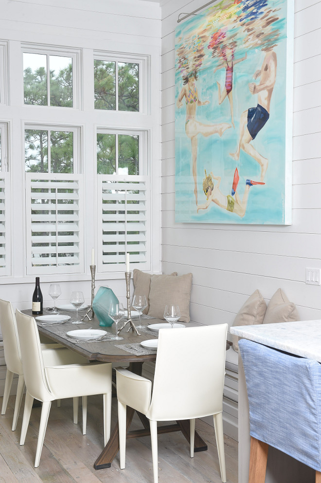 Breakfast nook. The breakfast nook is perfect for this family of four. I love the window shutters and the shiplap walls. Interiors by Courtney Dickey of TS Adams Studio. 