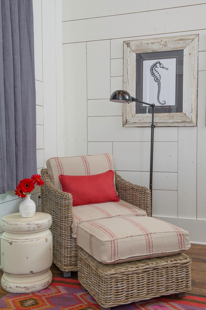 Rustic style shiplap walls. This home display some beautiful examples of rustic shiplap walls painted in Benjamin Moore White Dove OC 17. Interiors by Courtney Dickey and T.S. Adams Studio.