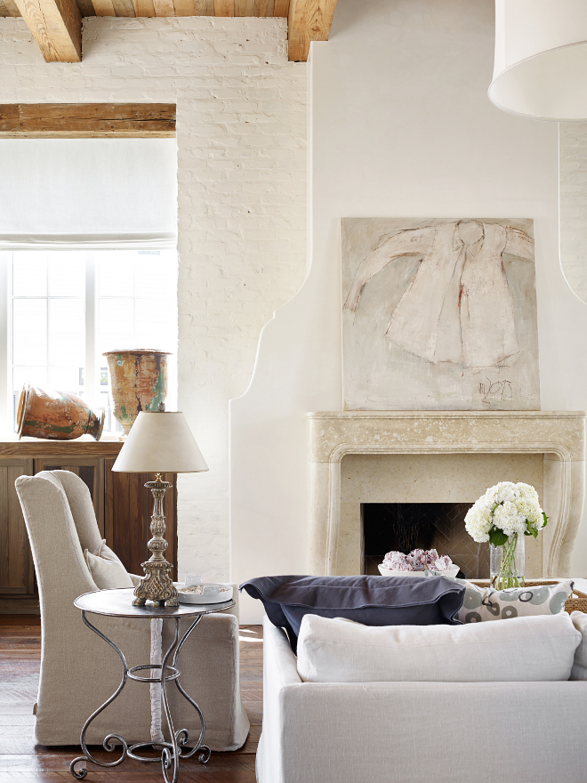 Pratt and Lambert Seed Pearl. Venetian Plaster Fireplace is painted in Pratt and Lambert Seed Pearl. Off white paint color Pratt and Lambert Seed Pearl. # PrattandLambertSeedPearlInteriors by Courtney Dickey of TS Adams Studio