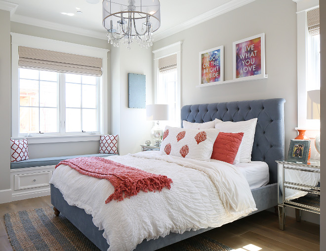 Teen Bedroom. Fun teen's bedroom with tufted headboard and window seat. Lighting is from Crystorama. #Teenbedroomdecor Patterson Custom Homes. Interiors by Trish Steele, Churchill Design.