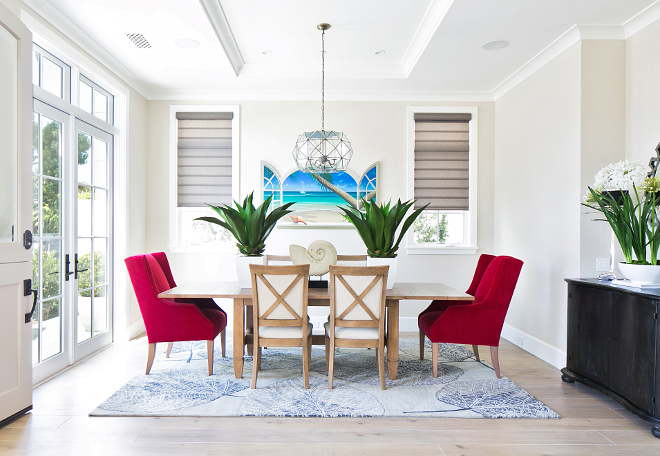 Casual Dining Room. Casual Dining Room Design Ideas. This dining room feels very casual and with a great energy thanks to its natural light and bright colors. Dining table is Brownstone Village Trestle Table w/ Brownstone Upholstered Side Chairs by Legacy Classic Furniture. Both were purchased on Wayfair. Side Chairs: The chairs were ordered from “Direct Buy”. You can go to: Sammoore.com & (search) “Avery”. It’s an “Avery Host Chair”. The chairs were then reupholstered in red fabric. Rug: This is a handmade rug called “Bansee” (BAN-3348) that was ordered from Lazy-Boy. #CasualDiningRoom #DiningRoom Patterson Custom Homes. Brandon Architects, Inc.