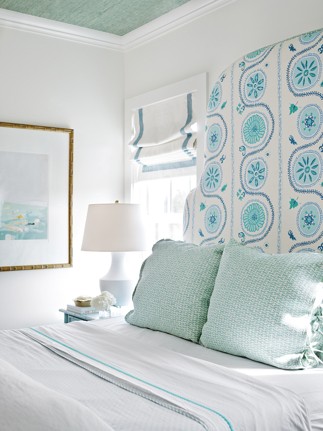 Bedroom. Bedroom Ideas. This bedroom is as good as spending a day at the beach... I'm loving the bedding, the grasscloth ceiling wallpaper and the upholstered headboard. #Bedroom #Grasscloth #wallpaper #ceilingwallpaper T.S. Adams Studio, Architects