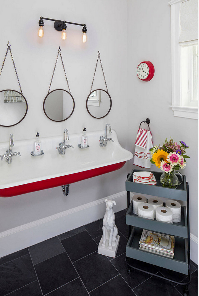 Kids bathroom with gray walls painted in Benjamin Moore Balboa Mist and Kohler Brockway Sink. Floor tiles is natural slate. #BenjaminMooreBalboaMist #KohlerBrockwaySink #Kohler #BrockwaySink Martha O'Hara Interiors