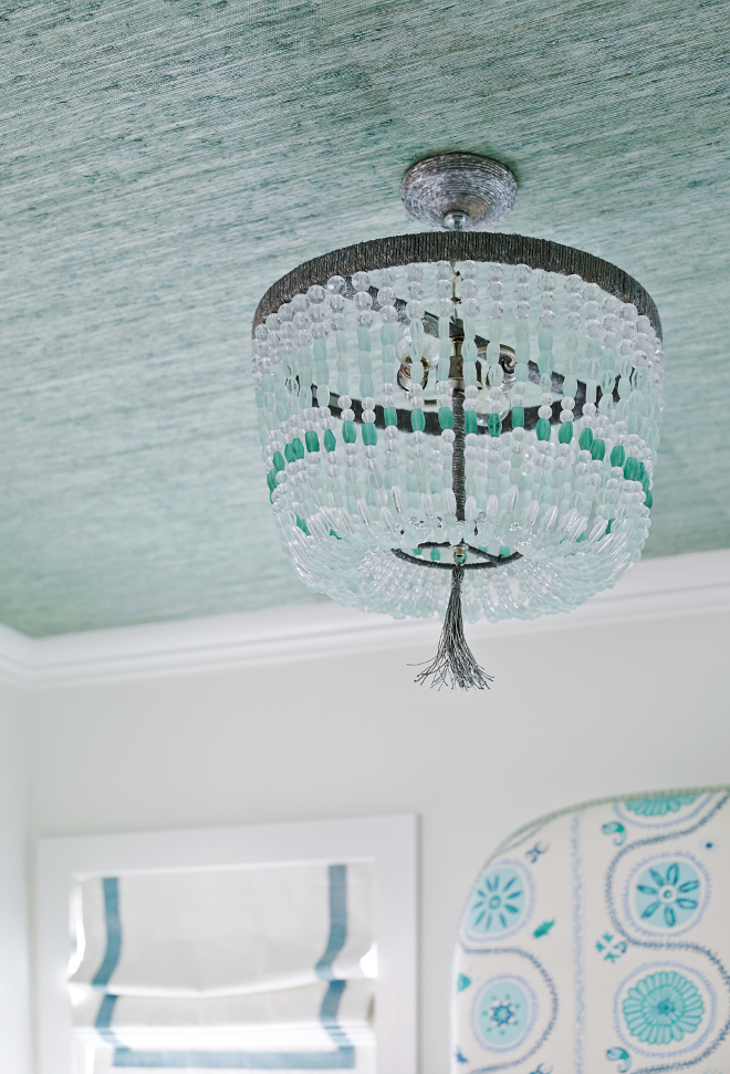 Ro Sham Beaux Malibu 1-Arm Sea Chandelier. Bedroom featuring seafoam green grasscloth wallpaper and a Ro Sham Beaux Malibu 1-Arm Sea Chandelier. #RoShamBeauxMalibu1ArmSeaChandelier T.S. Adams Studio, Architects