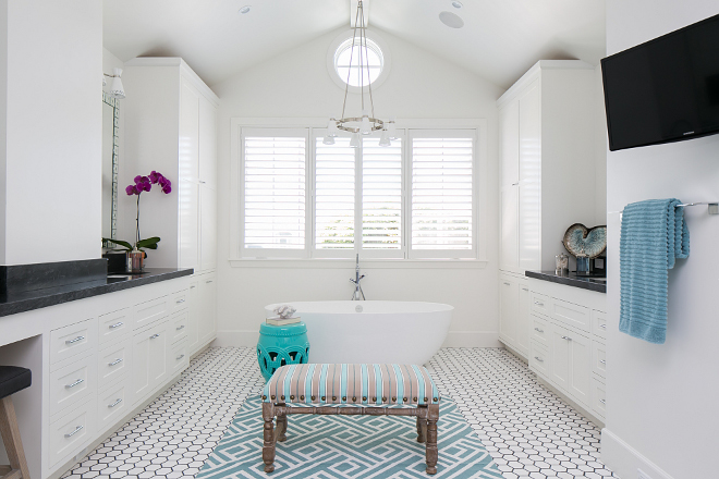 Freestanding Bathtub. The freestanding tub is Victoria & Albert VMOZNSW "Mozzano" Unique Size Soaking Tub. #bathtub #freestandingtub #freestandingbathtub Patterson Custom Homes. Brandon Architects, Inc.