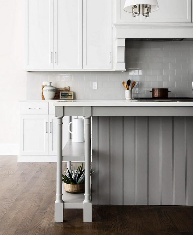 Benjamin Moore Baltic Gray. White kitchen with gray island painted in Benjamin Moore Baltic Gray (catalyzed with the conversion varnish) and gray subway tile backsplash. #BenjaminMooreBalticGray Park & Oak Design. 