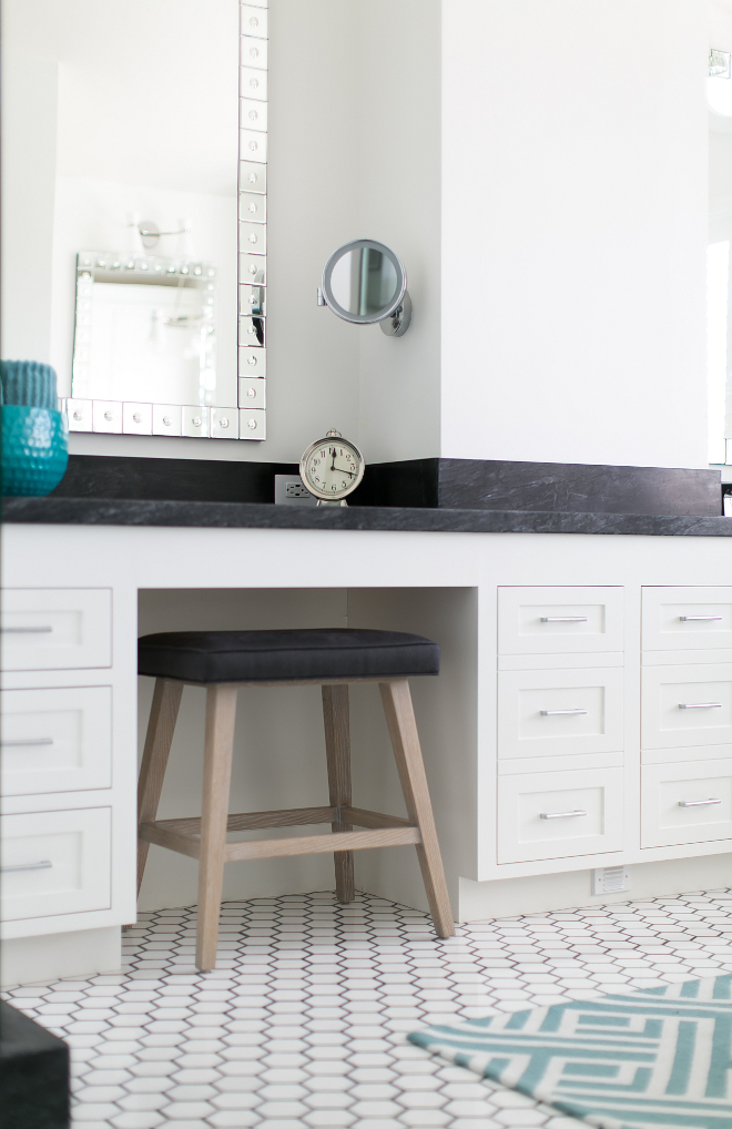 Vanity bench. Flooring is 4" White Thasos with 1/4" Bardiglio border. #Vanitybench #Flooring #WhiteThasos Patterson Custom Homes. Brandon Architects, Inc.