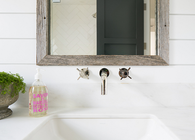 Wall mount bathroom faucet. The wall mount faucet is from Kohler Purist collection. Patterson Custom Homes