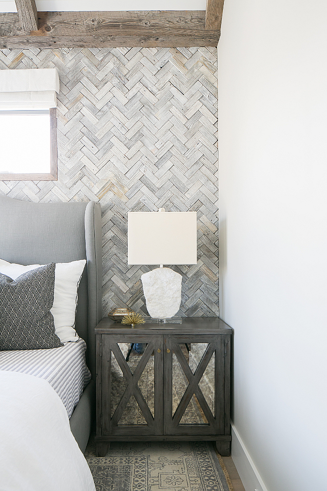 Nightstand. Beautiful gray nightstands fitted with antiqued mirrored doors. Patterson Custom Homes