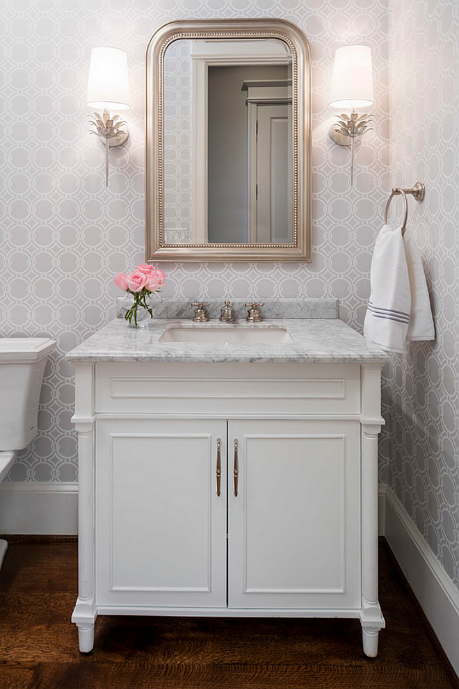 Bathroom gray wallpaper. Gray Thibaut Wallpaper. Thibaut Wallpaper in bathroom. #Bathroom #wallpaper #graywallpaper #Thibaut #Wallpaper Martha O'Hara Interiors