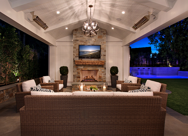 Covered Patio. Outdoor ceiling heaters will allow you to spend more time outdoors. Patterson Custom Homes. Interiors by Trish Steele of Churchill Design. 