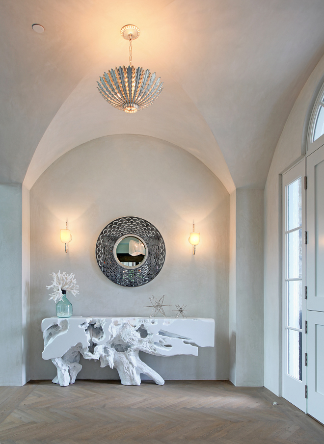 Semi flush Foyer lighting. Lighting is AERIN Hampton Pendant in Burnished Silver Leaf. Semi flush lighting. #Semiflush #Foyer #lighting #AERIN #HamptonPendant Patterson Custom Homes. Interiors by Trish Steele of Churchill Design. 