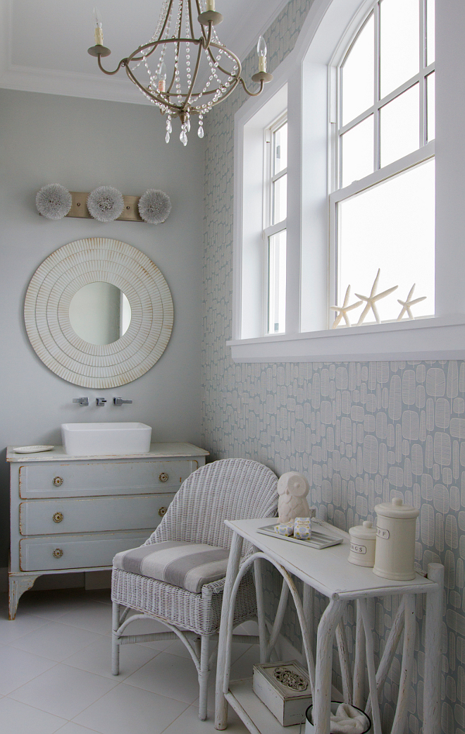 French Bathroom with dresser as vanity and French Chandelier. French Bathroom with dresser as vanity and French Chandelier ideas #FrenchBathroom #dresservanity #vanity #antiques #antiquevanity #FrenchChandelier Heritage Homes of Jacksonville. Villa Decor & Design.