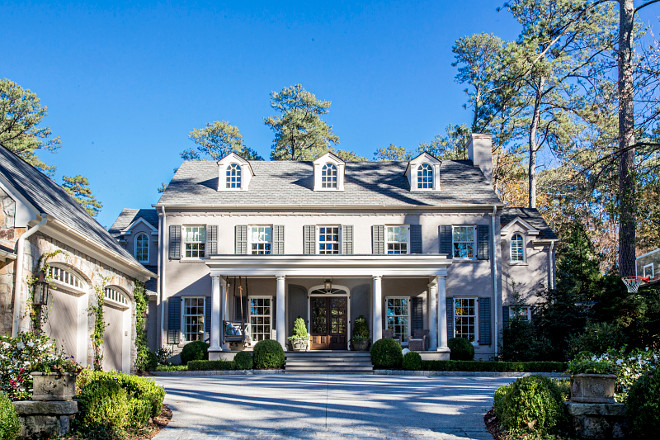 Grey shutters home exterior. Grey shutters home exterior. Grey shutters home exterior. #Greyshutters #homeexterior Tillman Long Interiors.