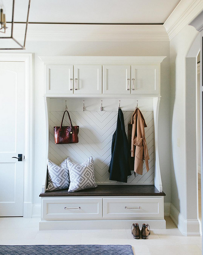 Herringbone pattern in mudroom cubbies. Herringbone pattern in mudroom cubbies. Herringbone pattern in mudroom cubbies Kate Marker Interiors.