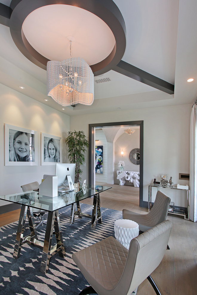 Home Office Lighting. Office Chandelier is “Camille” from Made Goods. Wall paint color is "Benjamin Moore 971 Olympic Mountain". Made Goods Camille 60's Gesso Rod Chandelier. #homeoffice #lighting #chandelier #Camillechandelier #MadeGoods Patterson Custom Homes. Interiors by Trish Steele of Churchill Design. 