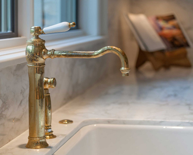 Kitchen Brass Faucet. Kitchen Brass Faucet, Farmhouse sink, marble countertop. #Kitchen #BrassFaucet Elizabeth Garrett Interiors