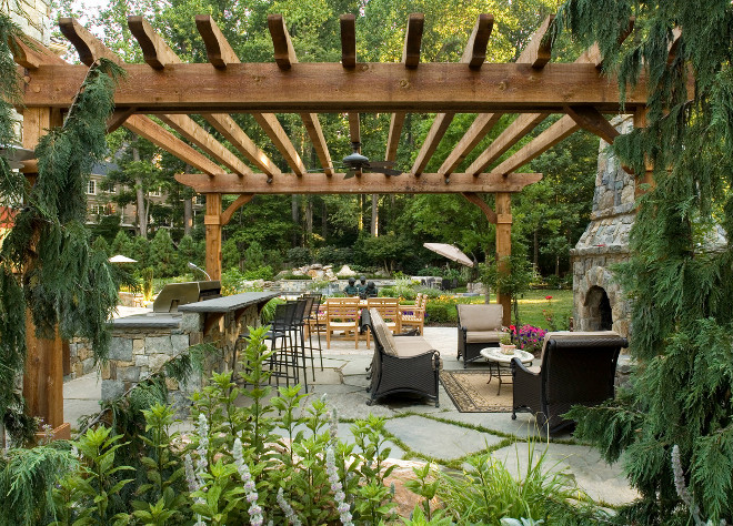 Large Pergola. Large patio pergola with flagstone patio and stone fireplace. #Patio #Flagstone #fireplace #perfgola SURROUNDS Landscape Architecture + Construction