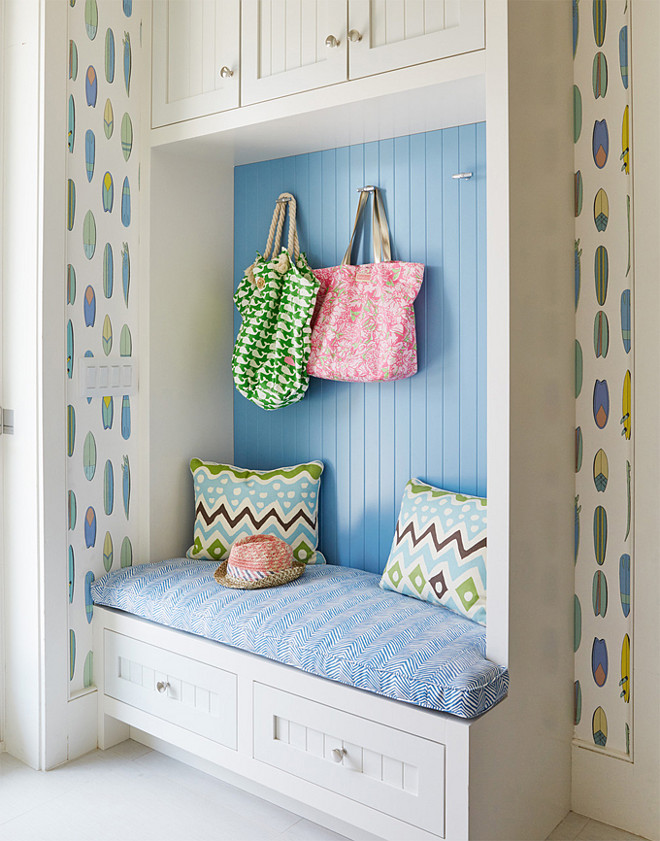 Mudroom. Small mudroom cabinet ideas. Small mudroom cabinet with beadboard walls. Small mudroom cabinet #Smallmudroomcabinet #mudroomcabinet #mudroom Andrew Howard Interior Design