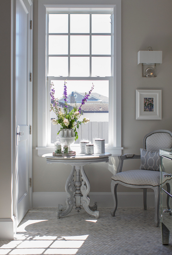 Bathroom Color Scheme. Neutral bathroom color scheme. This bathroom features small hex Carrara marble floor tiles. The wall paint color is "Benjamin Moore Light Pewter". #Bathroom #colorscheme #neutralcolorscheme 