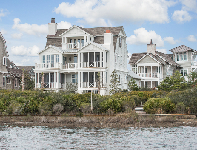 Shingle Beach house. Shingles stained to .Benjamin Moore OC 56 Moonshine. #BenjaminMooreOC56Moonshine Interiors by Courtney Dickey of TS Adams Studio.