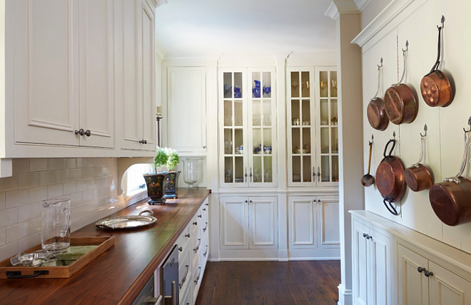 Butlers pantry. Butlers pantry cabinets painted in a creamy white paint color, Farrow and Ball Elephants Breath, and Black Walnut Plank Countertop and Waterworks Subway Tile Backsplash. #Butlerspantry #BlackWalnut #PlankCountertop #WaterworksSubwayTile #Backsplash