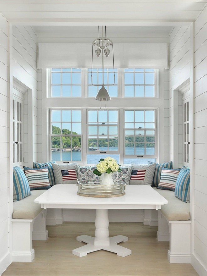 Small Breakfast Nook with shiplap walls. Small Breakfast Nook with shiplap wall ideas. Crisp white Small Breakfast Nook with shiplap wall. #SmallBreakfastNook #BreakfastNook #shiplapwall #shiplap Amy Studebaker Design