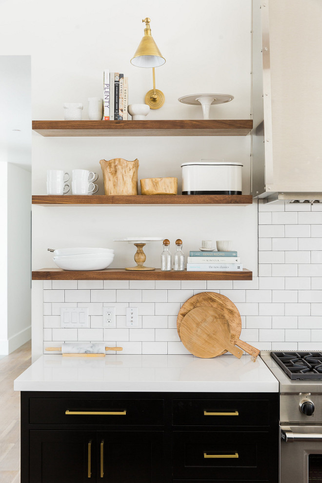 Kitchen rift sawn white oak floating shelves. Kitchen floating shelves made of rift sawn white oak #kitchen #floatingshelves #riftsawn #whiteoak #shelves #openshelves #kitchenshelves Studio McGee. Travis J Photography