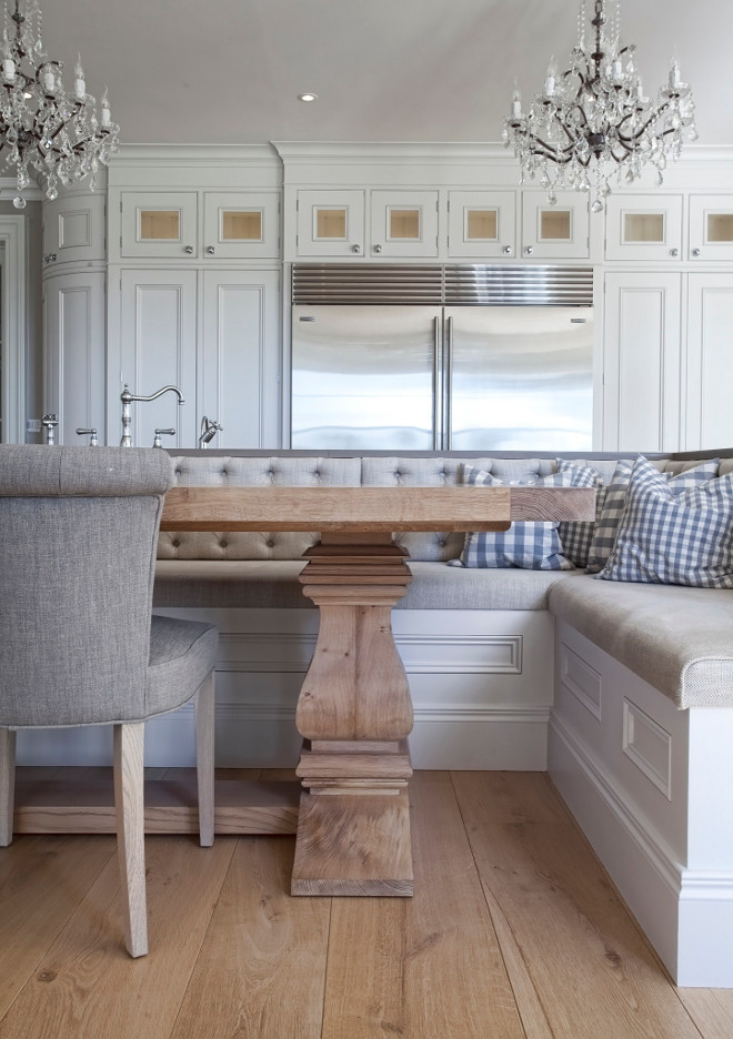 Banquette table and flooring. I love the combination of the built-in banquette, Restoration Hardware Salvaged Wood Trestle Dining Table with the extra wide Euro White Oak floors. #banquette #table #flooring #extrawhidehardwood #WhiteOakfloors Hayburn & Co. 